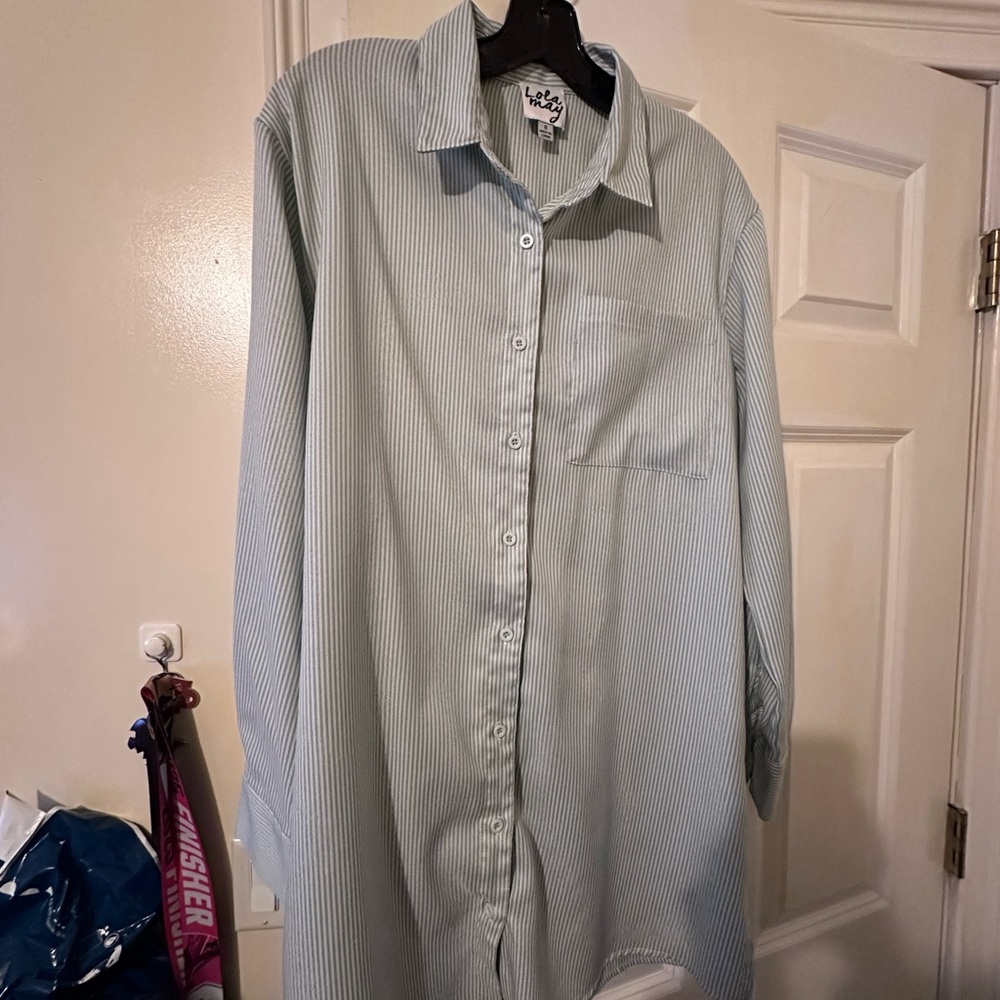 Sage Green Oversized Striped Button-Up Shirt